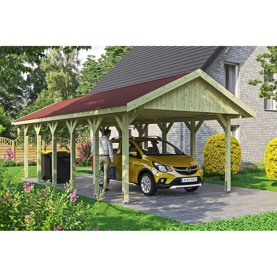 SKANHOLZ Carport Wallgau in Grün mit roten Schindeln, B/T: 430 x 900 cm, Firsthöhe: 326 cm, imprägniert - Bild 2
