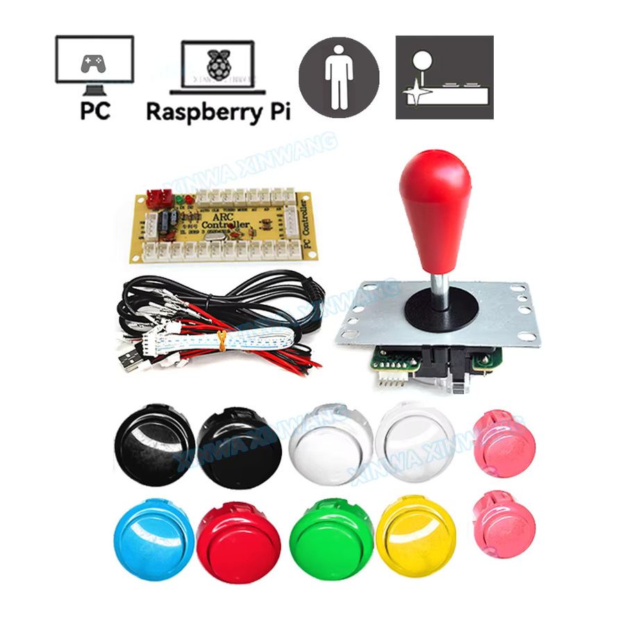 Arcade Joystick DIY Kit mit Sanwa Komponenten für PC und Raspberry Pi, USB Controller mit Push Tasten in Schwarz und Weiß - Bild 2