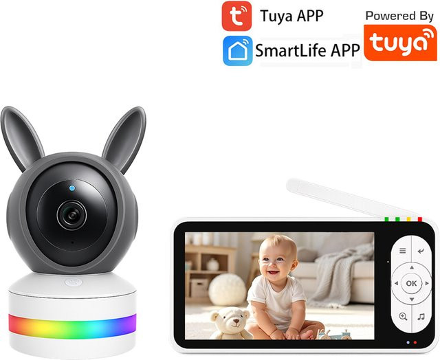 REHENTINT Tuya SmartLife Babyphone Kamera mit 5-Zoll-Bildschirm, 1080P FHD, Infrarot Nachtsicht und Schrei-Geräuscherkennung, Weiß, WLAN- und WLAN-freie Modi - Bild 1