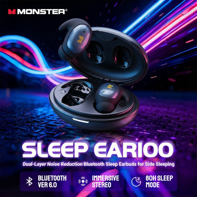 Monster Bluetooth 6.0 Schlaf-Ohrhörer In-Ear TWS Kabellose Kopfhörer mit passiver Geräuschunterdrückung für Seitenschläfer in Beige, Gold oder Schwarz - Bild 1