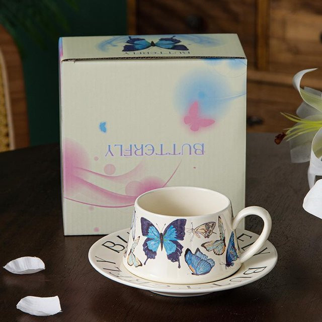 Yiran toy 1 Schmetterling Kaffeetassen-Set aus Keramik mit Untertasse und Deckel, Grau, 270 ml - Bild 1