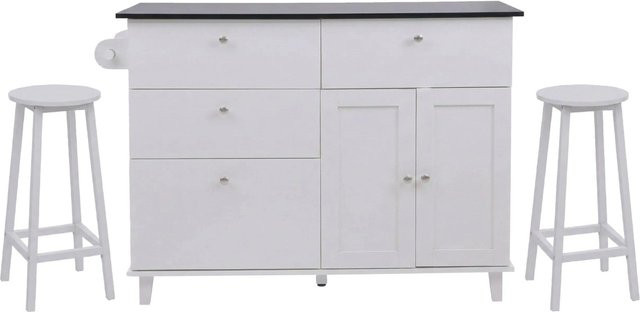Kücheninsel MCW P62 mit 2 Sitzhockern und Staufächern in Weiß und Schwarz mit Marmor-Optik, H: 90 cm, B: 131 cm, T: 47 cm - Bild 1