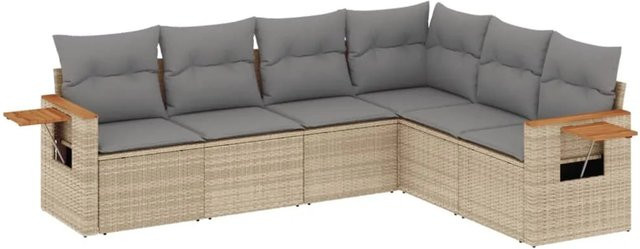 vidaXL 6-tlg Garten-Sofagarnitur in L-Form aus Poly-Rattan und Akazienholz mit Kissen in Beige - Bild 1