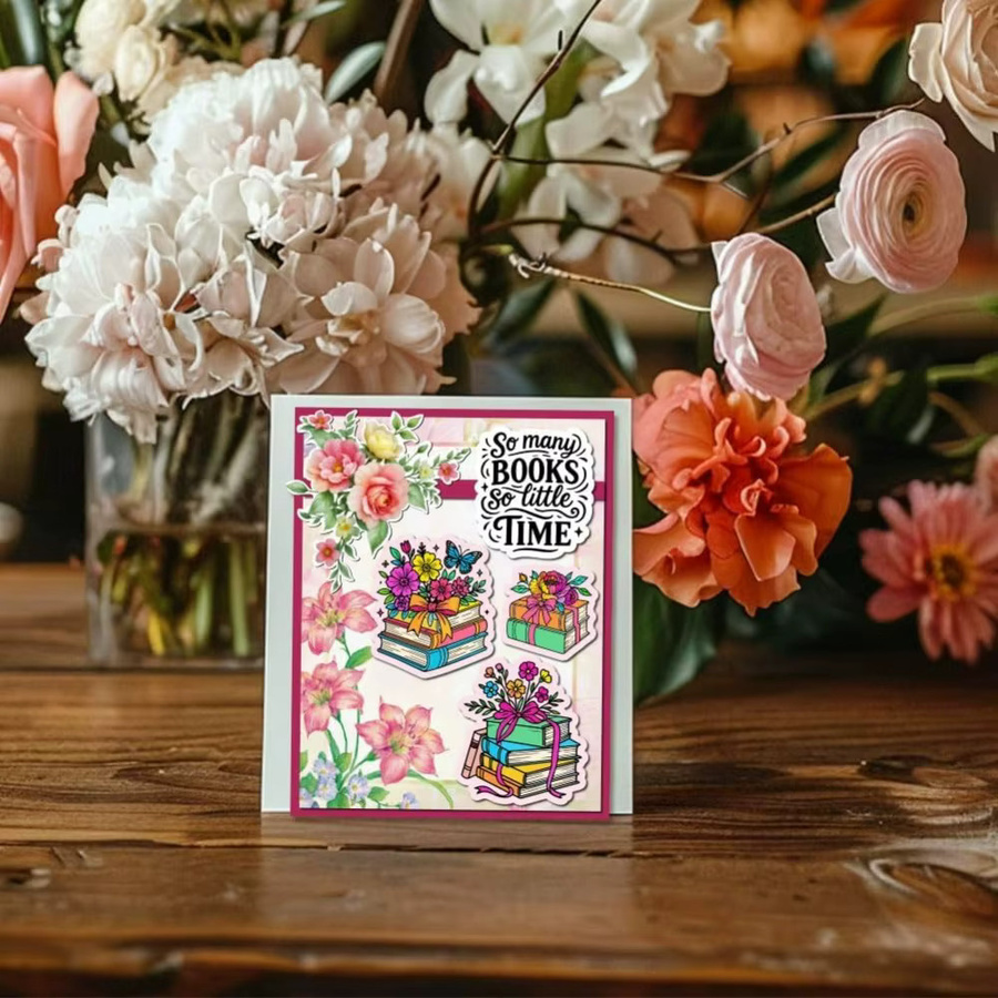 Transparenter Gummistempel mit Blumen, Vintage-Buch und inspirierenden Sätzen für wiederverwendbare Stempelabdrucke - Bild 3