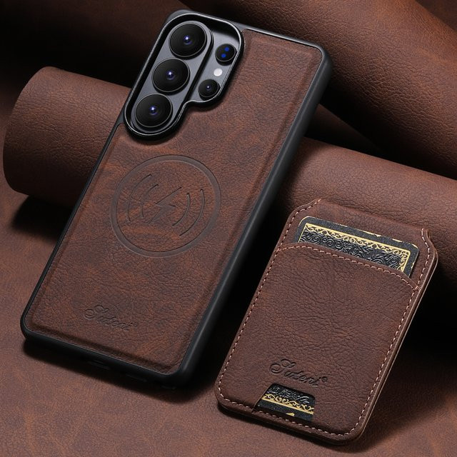 SUTENI Kunstleder Handyhülle mit Magnetkartenhalter und Ständer für Samsung Galaxy S26 Ultra S25 Plus S24 S23+ in Braun mit kabelloser Ladefunktion - Bild 1