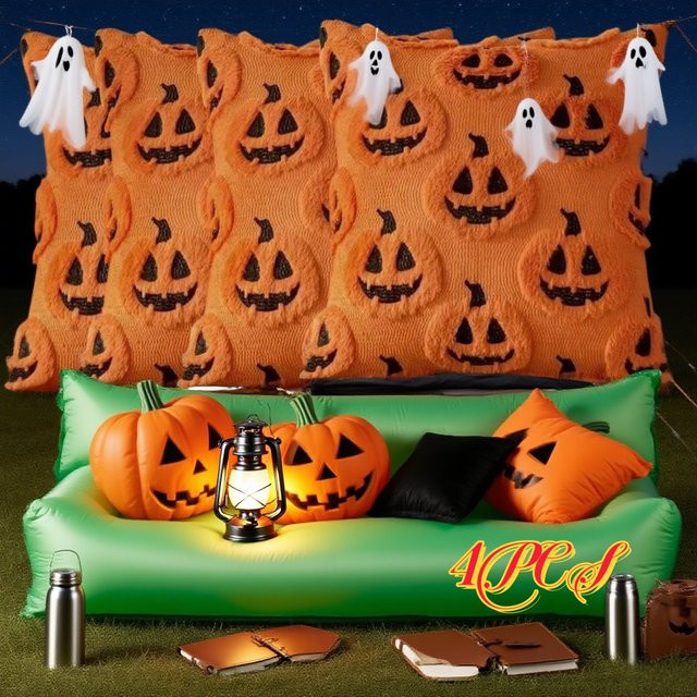 APWIKOGER Halloween Kissenbezüge aus Kunstfell mit Geister- und Kürbis-Motiv in Orange, quadratisch und waschbar - Bild 1