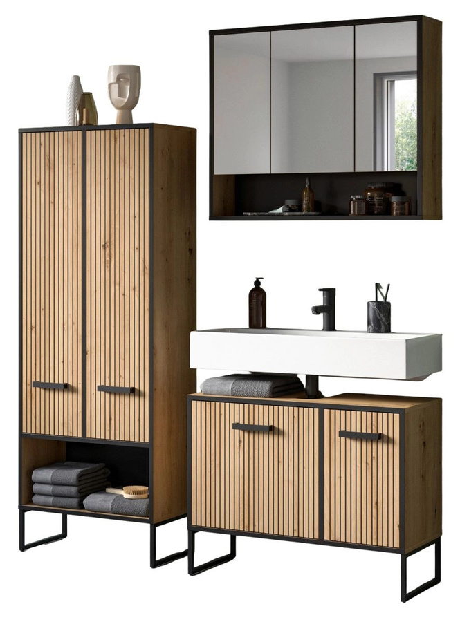 3-teiliges Badmöbel Set Scana von Inn.Furn in Eiche matt mit Waschtischunterschrank, Spiegelschrank und Hochschrank, B/H: 192 x 154 x 36 cm - Bild 2