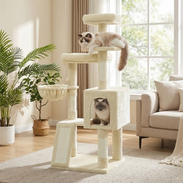 FEANDREA Kletterbaum für Katzen in Beige mit Rampe, Kratzsäulen und 3 Plattformen, Höhe: 136 cm - Bild 1