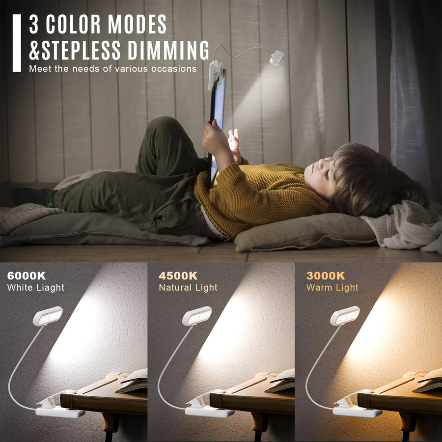 LQWELL 3er Set LED Nachttisch-Leselampen in Weiß, wiederaufladbare USB-Leselampen mit 3 Farbtemperaturen, 10 Helligkeitsstufen und stufenloser Dimmfunktion, flexibles 360 Grad Buchlicht für Kinderzimmer und Schlafzimmer - Bild 5