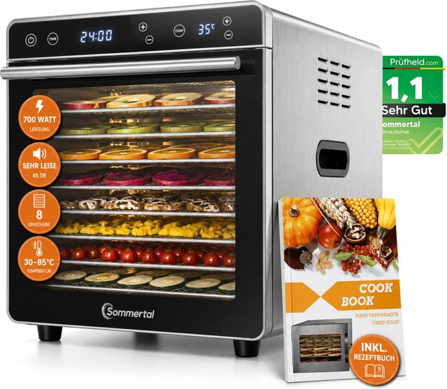 Sommertal Dörrautomat Silence 700 XXL Dehydrator in Silber mit 8 Edelstahl Dörrgittern, LED-Display, 24h Timer und 700W Leistung - Bild 1