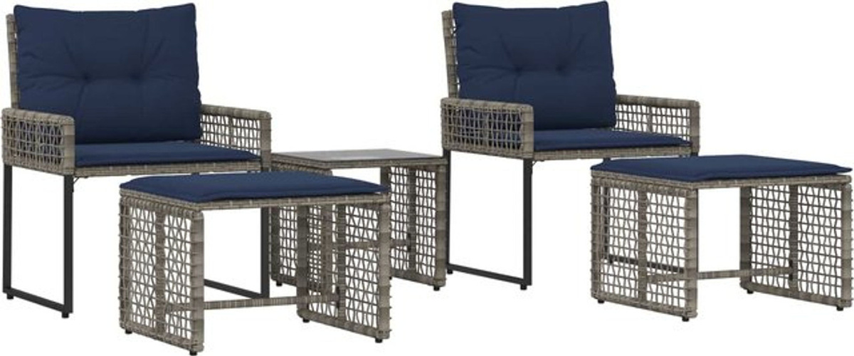 Modernes Gartenmöbel-Set aus Polyrattan und Akazienholz mit Kissen, 5-teilig, grau und marineblau, vidaXL - Bild 1