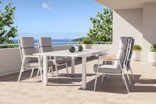 OUTFLEXX Garten-Essgruppe für 4 Personen aus Aluminium, Teak, Textilene und Sicherheitsglas in Weiß, ausziehbar und witterungsbeständig - Bild 1