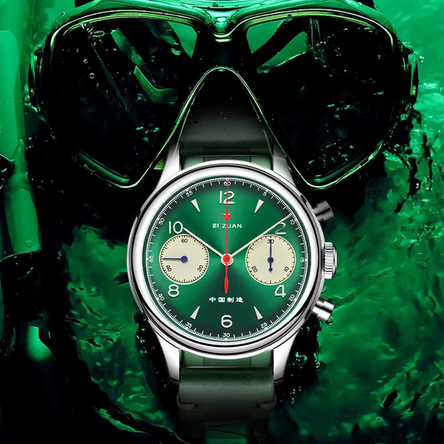 SEAKOSS Chronograph, Handaufzug, Edelstahl, 38 mm, Herren, Grün, Leder - Bild 4