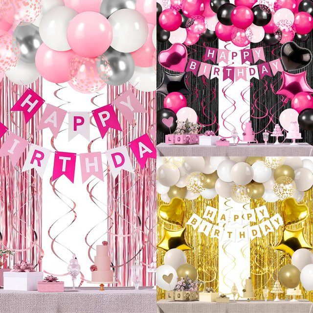 PATIMATE Party Dekoration Set 50 Teile in Rose Gold und Pink mit Alles Gute Zum Geburtstag Schriftzug, Metallic Folienballons und Lametta Vorhang für deine Geburtstagsparty - Bild 1