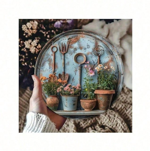 CIFBUY Vintage Metall Gartenwerkzeug Schild, runde Wandkunst aus Eisen in Blau - Bild 1