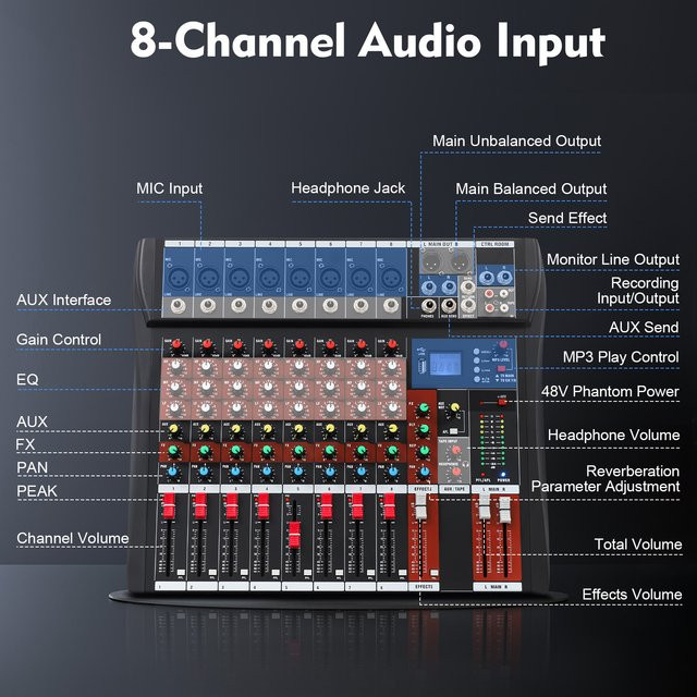 Bymaocar 8-Kanal Professionelles Audio-Mischpult Soundboard Konsole mit Bluetooth und USB, Stereo-Mixer mit 48V Phantomspeisung, Schwarz - Bild 1
