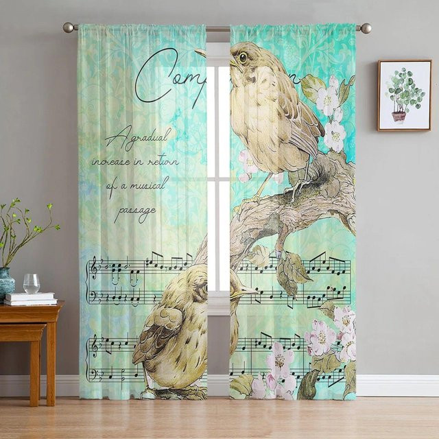 Transparenter Tüll-Vorhang von A Family Of Home Textiles mit Vogel-Blütenblatt-Zweig-Print, modern und floral, B: 135 cm, H: 114 cm - Bild 1