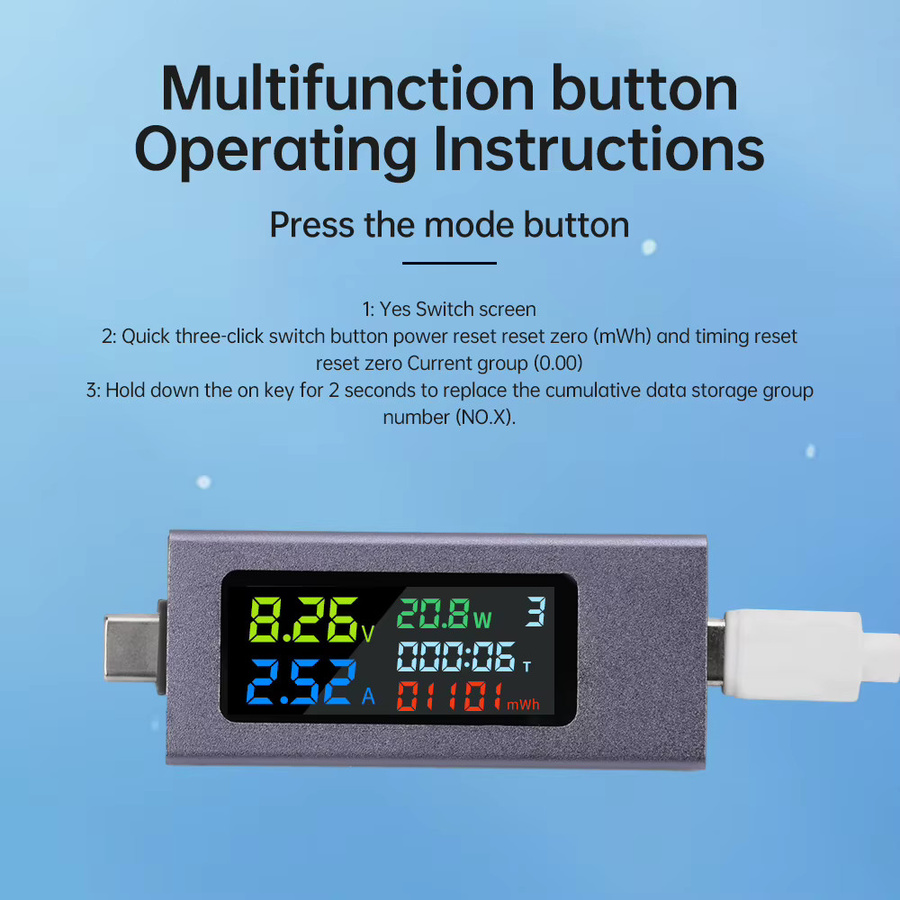 Voktta USB-C Leistungsmesser Typ-C Digitalanzeige für Spannung und Strom DC 4,5-50V 0-8A - Bild 3