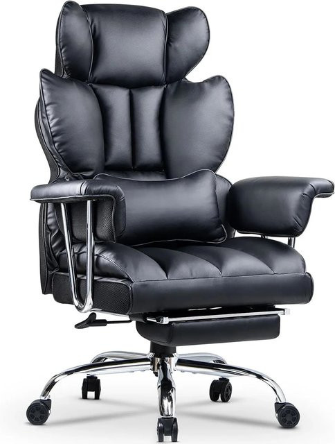 Rattantree Ergonomischer Bürostuhl mit hoher Lehne, Kopfstütze und Fußstütze aus Leder in Schwarz - Bild 1