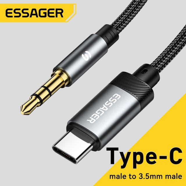 Essager USB-C auf 3,5 mm Klinke Audio-Adapter AUX-Kabel für Kopfhörer und Autolautsprecher, Schwarz - Bild 1