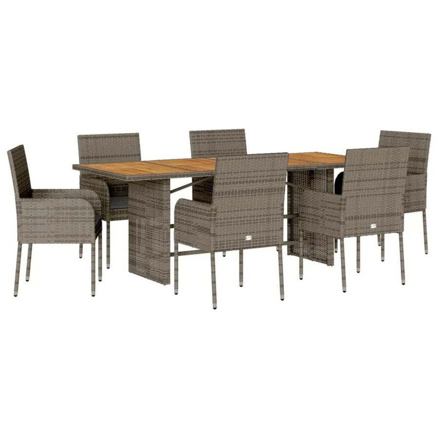 vidaXL 7-teilige Garten-Essgruppe aus Poly Rattan und Akazienholz in Grau mit Kissen - Bild 2