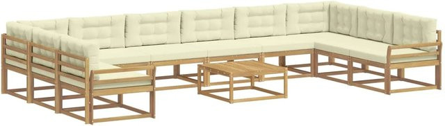 vidaXL Outdoor-Sofagarnitur aus massivem Akazienholz mit 11 Kissen in Weiß und Beige - Bild 1