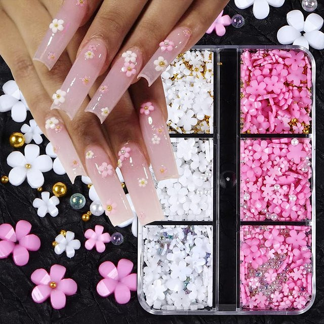 NAILFYOU Nail Art Charms, 3D Blumen und Perlen, Rosa Weiß, Glänzend - Bild 1