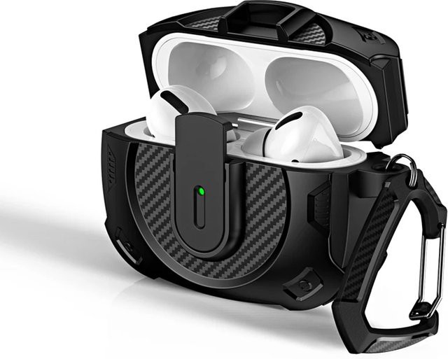 Apple Kopfhörerhülle aus Kohlefaser mit Secure Lock Clip und Bergsteigerschnalle für AirPods 4 3 2 Pro in Schwarz - Bild 1