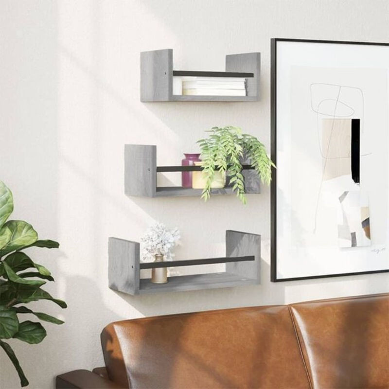 3-teiliges Wandregal-Set Vidaxl in Grau mit Stangen aus Holzwerkstoff und Stahl für die Wandmontage - Bild 1