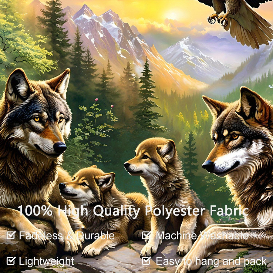 Wandteppich mit Wolfsfamilie und Adler im Bergwald bei Sonnenuntergang von JMG Household Supplies, Mehrfarbig, Breite: 100 cm, Höhe: 70 cm - Bild 3