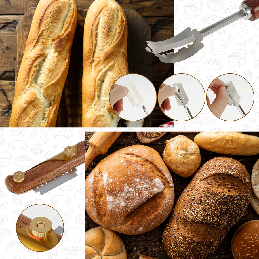 Brot-Lame Schneidewerkzeug mit 10 Klingen und Schutzhülle aus Holz für Bäcker - Bild 3