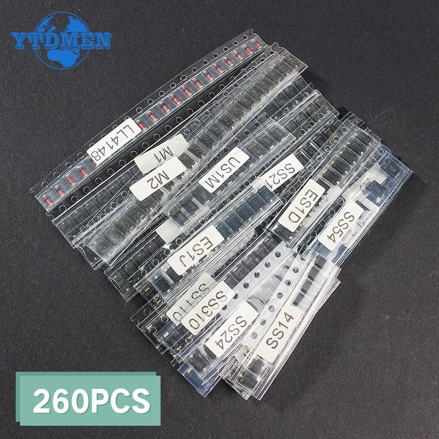 YTDMEN 260er SMD Gleichrichter und Schottky Dioden Set in Schwarz mit M1 M4 M7 SS14 SS24 RS1M US1M SS34 SS54 BAT54C BAT54S LL4148 - Bild 1
