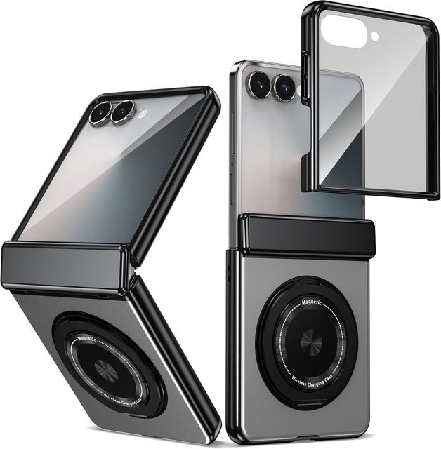 Samsung Handyhülle mit 360 Grad drehbarem Ringhalter, magnetischem Scharnierschutz und gehärteter Filmabdeckung für Galaxy Z Flip 7 6 5 4 3 in Schwarz - Bild 1