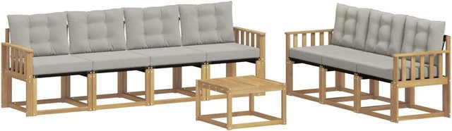 vidaXL Outdoor-Sofagarnitur 8-teilig aus Akazienholz mit Textilene und Kissen in Weiß und Hellgrau - Bild 1