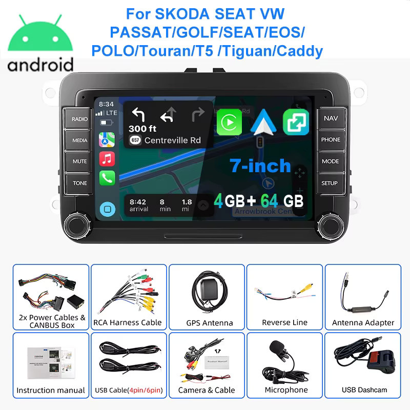 ESSGOO Android 15 Autoradio mit 7 Zoll Display für VW Golf 5 6 Passat Polo 6R Touran Tiguan Caddy EOS Jetta Seat Skoda, Schwarz, mit Wireless Carplay, Android Auto, GPS Navigation, Bluetooth und WIFI - Bild 4