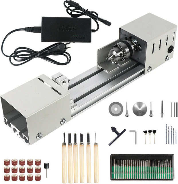 Tungfull Mini-Holzdrehbank für DIY-Holzarbeiten zum Schleifen und Polieren von Perlen, 12-24V DC, Silber - Bild 1