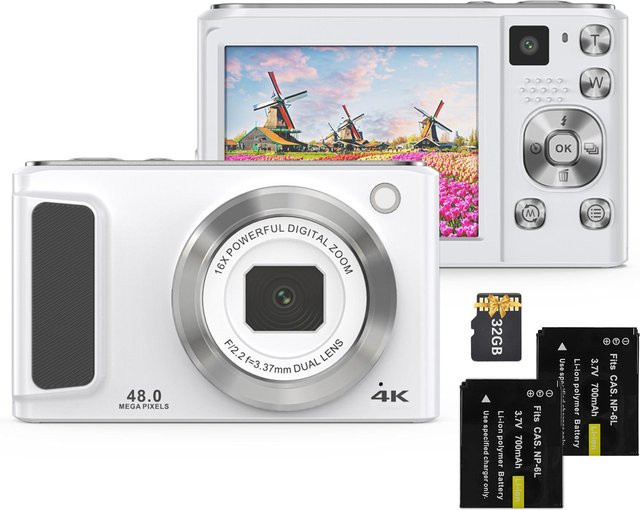 Honor 4K Digitalkamera mit 48MP Doppelobjektiv, 2,8 Zoll IPS-Bildschirm, Autofokus und 16X Digitalzoom, inklusive 2 Akkus, Weiß - Bild 1