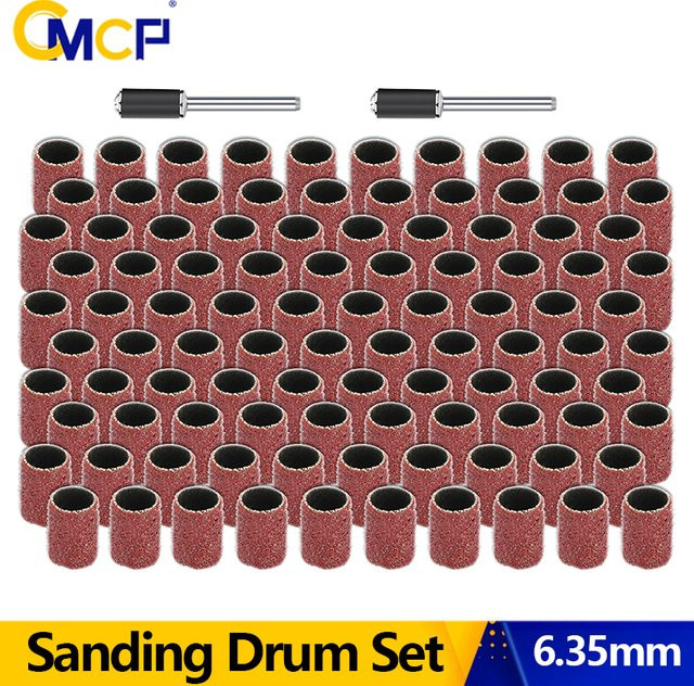CMCP Schleiftrommel-Set mit Schleifbändern und Dornen für Dremel-Hülsen und elektrische Mini-Winkelschleifer, 11–102 Stück, Körnung 80, 100, 120 - Bild 1