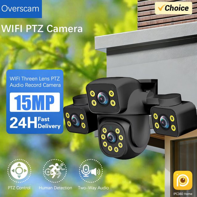 Overscam Drei-Bildschirm WLAN IP Kamera mit 15MP HD, Drei-Linsen-System, Farbnachtsicht und Menschenerkennung, IP66 wasserdicht, Schwarz - Bild 1