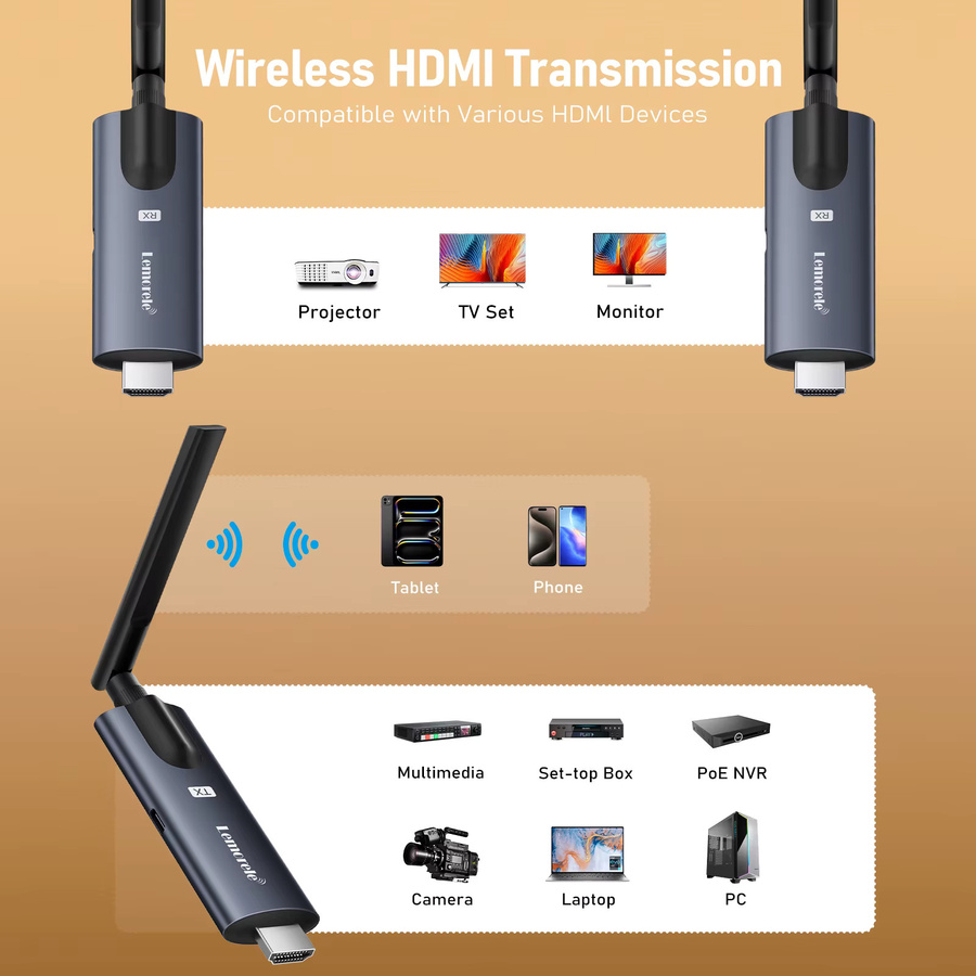 Lemorele Kabelloser HDMI-Sender und -Empfänger in Schwarz, 200 m Video-Transceiver mit geringer Latenz, Plug & Play HDMI-Extender für PC, TV und Projektor - Bild 4