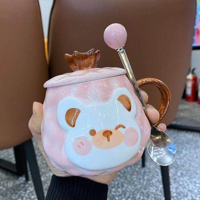 Yiran bag Keramik Tasse mit Deckel und Löffel Regenbogen Einhorn Design, 380 ml, Blau Pink Grün - Bild 1