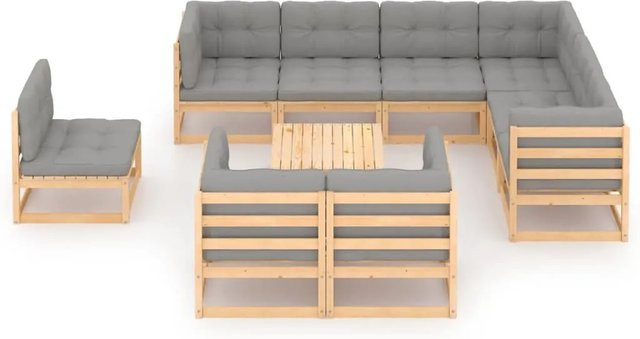 vidaXL 10-tlg Garten-Lounge-Set Modell 9 aus massivem Kiefernholz in U-Form mit grauen Kissen - Bild 1