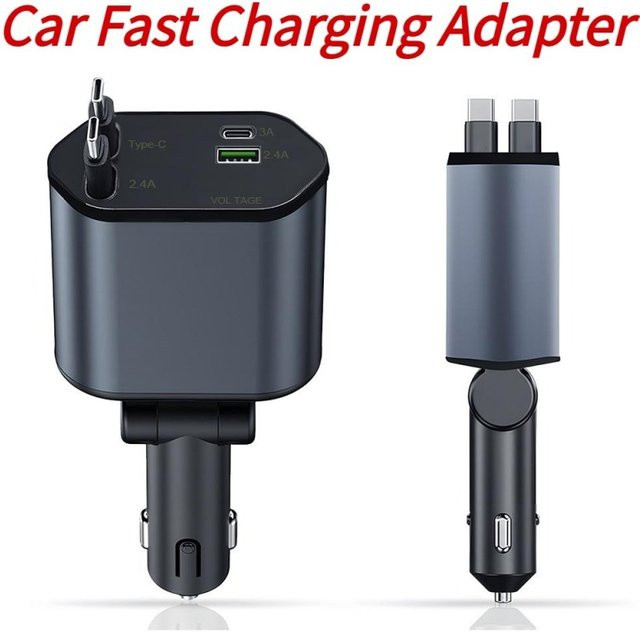 4-in-1 Mini Autoladegerät mit einziehbarem USB-C Schnellladekabel in Schwarz - Bild 1