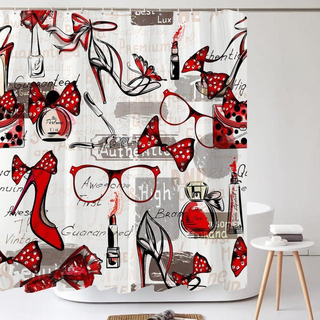 Duschvorhang Dunika Chen mit modernem Mädchen-Motiv in Rot, wasserdicht und schimmelresistent, aus Polyester, B: 150 cm, H: 180 cm - Bild 1