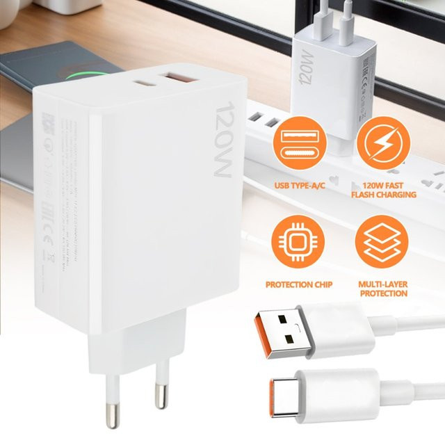 Xiaomi 120W Schnellladegerät mit USB-A und Typ-C Anschlüssen sowie 1m Ladekabel in Weiß für Xiaomi 14T, 13 Pro, 12T Pro, 14 Ultra, Redmi Note 14, 13 Pro, 11, 11s und POCO X7 Pro - Bild 1