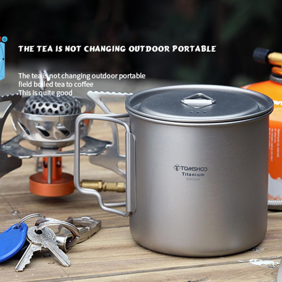 TOMSHOO Ultraleichter Titanbecher Set für den Außenbereich, 2-teilig, Silber, 350 ml und 750 ml mit faltbarem Griff - Bild 1