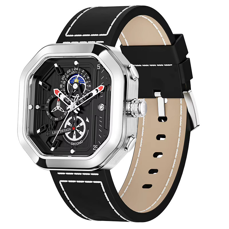 LIGE Armbanduhr Chronograph, Quarz, eckig, Schwarz, Leder, Herren - Bild 6