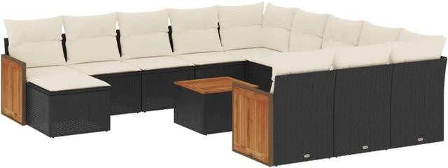 vidaXL 13-tlg Garten-Sofagarnitur Modell 62 aus Poly-Rattan und Akazienholz in Schwarz mit Kissen - Bild 1