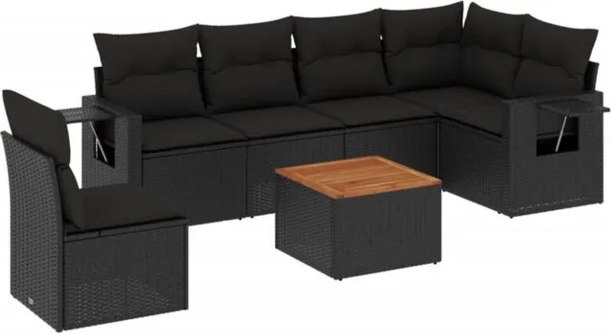 7-tlg. moderne Garten-Sofagarnitur aus Polyrattan mit Kissen von vidaxl in Schwarz - Bild 1