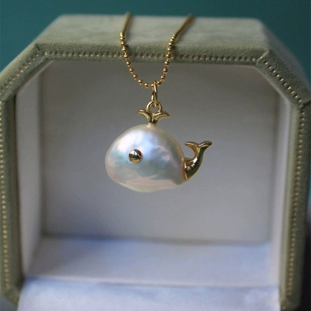 SLOONGJEWELRY Wal-Anhänger-Halskette, Edelstahl, Perle, Gold - Bild 1
